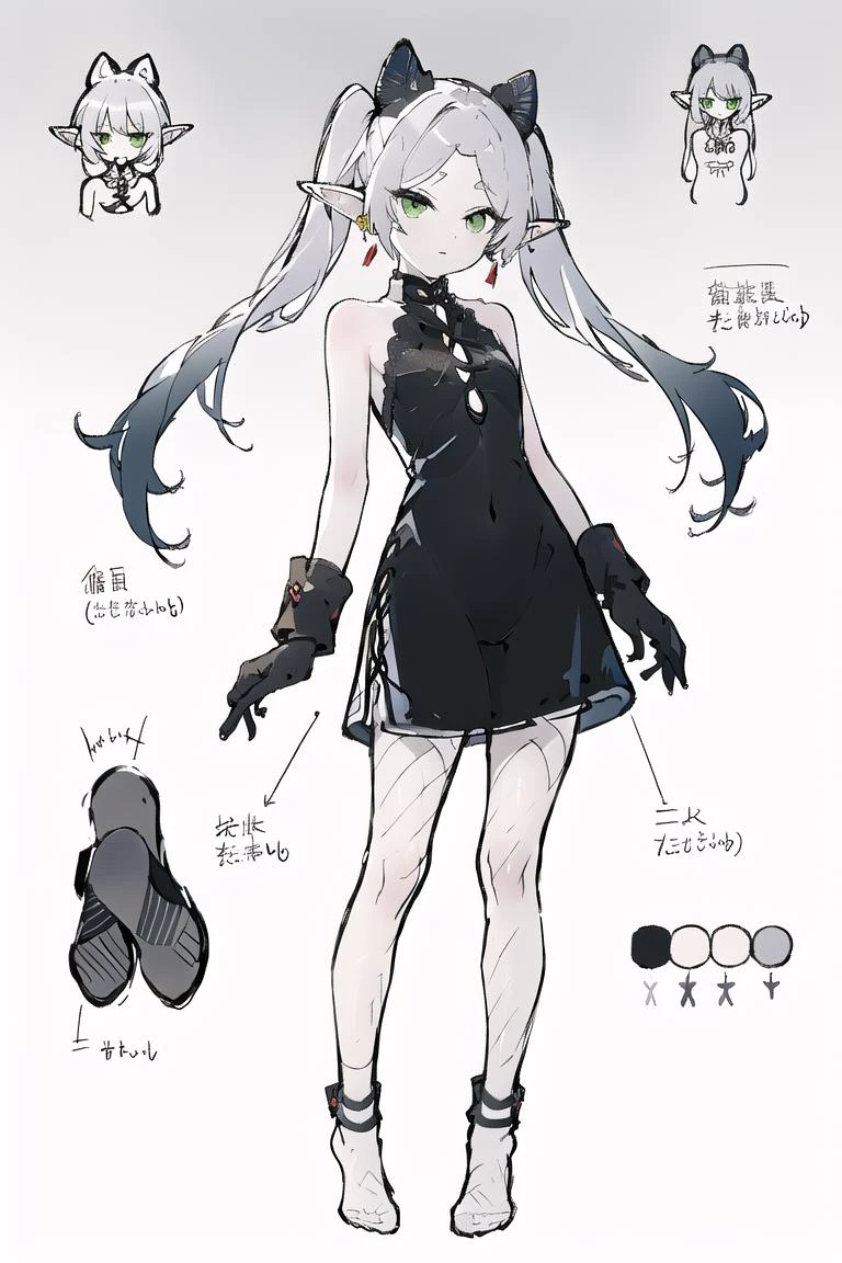 multiple views, pencil sketch, (sketch:1.25), (,small breasts,), ((no shoes)), shy, best quality, graphite \\(medium\\), ske, gradient, rainbow, note, Line draft, highres, absurdres, (ultra-detailed:1.1), (illustration:1.1), (infographic:1.2), pajamas, (all clothes configuration:1.15), (solo), perfectly drawn hands, standing, cohesive background, paper, action, (character design:1.1),
<lora:Black velvet cheongsam æè£
:1>Black velvet cheongsam , photo_unp,
<lora:fll-v100:0.75:lbw=OUTALL>, fll, twintails, 1girl, pointy ears, round face, white hair, green eyes, elf, long hair, earrings,