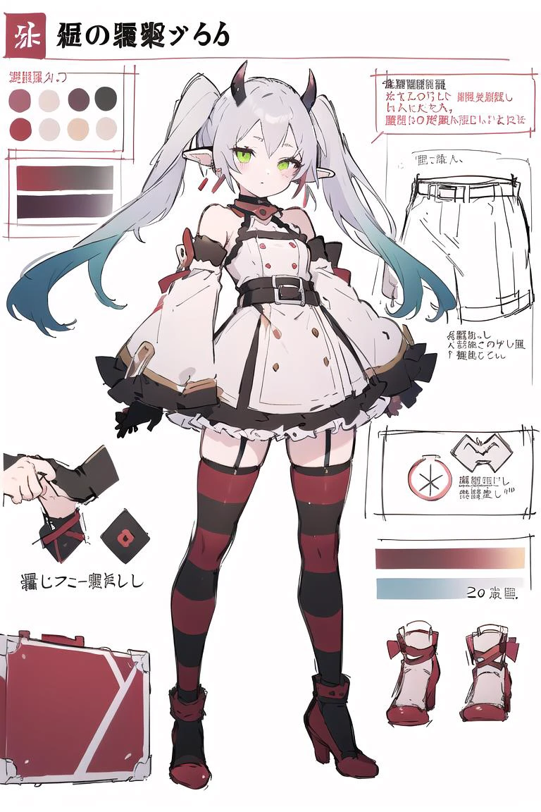 multiple views, pencil sketch, (sketch:1.25), (,small breasts,), ((no shoes)), shy, best quality, graphite \\(medium\\), ske, gradient, rainbow, note, Line draft, highres, absurdres, (ultra-detailed:1.1), (illustration:1.1), (infographic:1.2), pajamas, (all clothes configuration:1.15), (solo), perfectly drawn hands, standing, cohesive background, paper, action, (character design:1.1),
<lora:attire_stripedthighhighs_redblk-09 æè£
:1>, abyssal ship, bra pull, demon horns, detached sleeves, elbow gloves, frilled gloves, headphones, high heels, long sleeves, panties aside, red buruma, red footwear, red wings, shoes, striped thighhighs, tassel,
<lora:fll-v100:0.75:lbw=OUTALL>, fll, twintails, 1girl, pointy ears, round face, white hair, green eyes, elf, long hair, earrings,