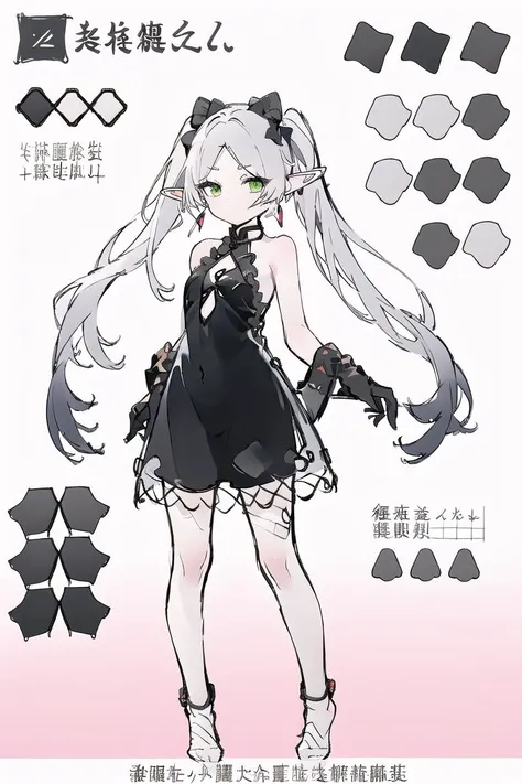 multiple views, pencil sketch, (sketch:1.25), (,small breasts,), ((no shoes)), shy, best quality, graphite \\(medium\\), ske, gradient, rainbow, note, Line draft, highres, absurdres, (ultra-detailed:1.1), (illustration:1.1), (infographic:1.2), pajamas, (all clothes configuration:1.15), (solo), perfectly drawn hands, standing, cohesive background, paper, action, (character design:1.1),
<lora:Black velvet cheongsam æè£
:1>Black velvet cheongsam , photo_unp,
<lora:fll-v100:0.75:lbw=OUTALL>, fll, twintails, 1girl, pointy ears, round face, white hair, green eyes, elf, long hair, earrings,