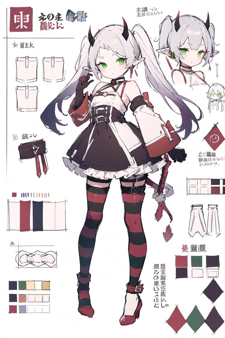 multiple views, pencil sketch, (sketch:1.25), (,small breasts,), ((no shoes)), shy, best quality, graphite \\(medium\\), ske, gradient, rainbow, note, Line draft, highres, absurdres, (ultra-detailed:1.1), (illustration:1.1), (infographic:1.2), pajamas, (all clothes configuration:1.15), (solo), perfectly drawn hands, standing, cohesive background, paper, action, (character design:1.1),
<lora:attire_stripedthighhighs_redblk-09 æè£
:1>, abyssal ship, bra pull, demon horns, detached sleeves, elbow gloves, frilled gloves, headphones, high heels, long sleeves, panties aside, red buruma, red footwear, red wings, shoes, striped thighhighs, tassel,
<lora:fll-v100:0.75:lbw=OUTALL>, fll, twintails, 1girl, pointy ears, round face, white hair, green eyes, elf, long hair, earrings,