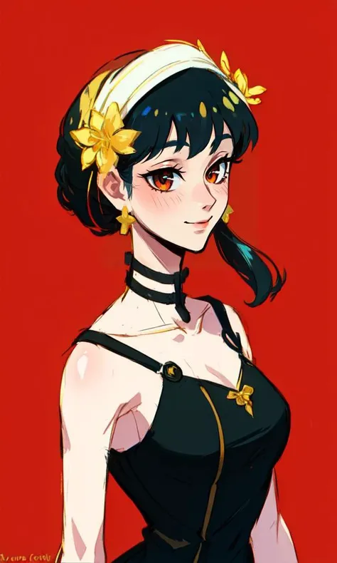 <lora:AnimeWesternLike(1):0.8>
<lora:yor-ALK:0.8>
(best quality, masterpiece:1.3), (perfect details:1.1),
(Disney), 1girl, solo, red eyes, black hair, jewelry, hairband, dress, black dress, earrings, smile, blush, upper body, looking at viewer, breasts, flower, sidelocks, hair ornament, hair flower, bare shoulders, bangs, simple background, medium breasts, from side, twitter username, closed mouth