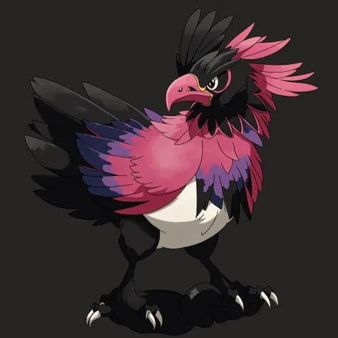 no humans, solo, pokemon (creature), black background, full body, open mouth, animal focus, simple background, bird, standing, black eyes, talons, claws, pink, frills, ruffles, rainbow <lora:pokemon_v3_offset:0.8>