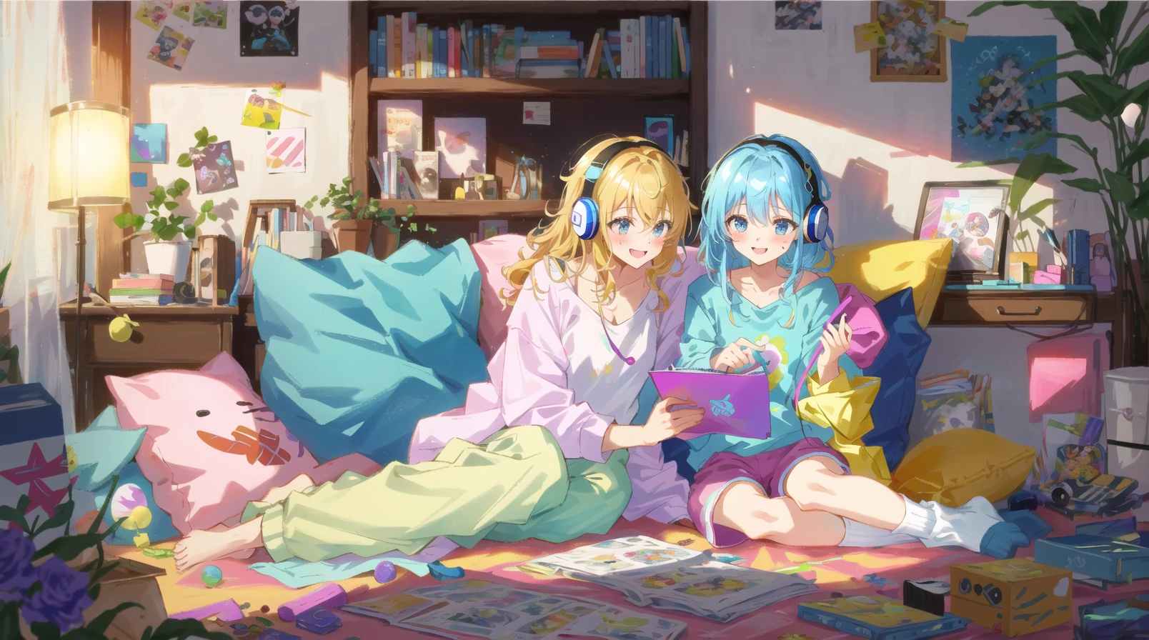 masterpiece, best quality, ultra-detailed, illustration, 2girls, sitting, playful, gaming, messy room, teenage, , lighthearted, cozy, relaxed, cheerful, fondness, love, friendship, cute, touching, computer game, controllers, smiles, joy, laughter, comfortable, slippers, pajamas, messy hair, tousled, disarray, cluttered, toys, posters, pillows, blankets, lamp, desk, chair, cozy atmosphere, warm lighting, bright colors, soft pastels, flowers, plants, books, headphones, snacks, soda, energy drinks, manga, novels, plushies, figurines, posters, pictures, posters, wall scrolls, stickers, decorations, bed, blankets, pillows, stuffed animals, cozy blankets, warm blankets, comfortable clothes, casual attire, leisure wear, sweatshirt, sweatpants, shorts, t-shirt, tank top, socks,