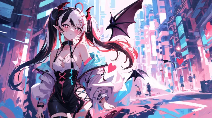 ((masterpiece)), (best quality), perfect anatomy, highres, detailed,

1girl, solo,  vampire girl, 1 demon horns, demon tail, demon wings, earrings, streaked hair, twintails, very long hair,(multicolored hair:1.4),red eyes, (heart-shaped pupils:1.2),

fishnet legwear, hair ornament, hairclip, wide collar, open cloth,

looking at viewer,
detailed,best quality,masterpiece,illustration,wallpaper
(street:1.2), (night:0.7), (neon lights:1.2),