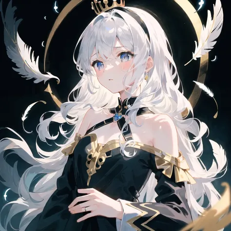 (((masterpiece))),best quality, illustration,(beautiful detailed girl), a girl ,solo,bare shoulders,flat_chest,diamond and glaring eyes,beautiful detailed cold face,very long blue and sliver hair,floaing black feathers,wavy hair,black and white sleeves,gold and sliver fringes,a (blackhole) behind the girl,a silver triple crown inlaid with obsidian,(stand) on the black ((mountain)), (depth) of (field),