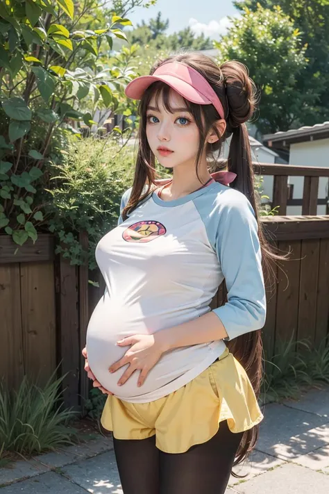 masterpiece, best quality, highres, ro1, hair bun, blue eyes, twintails, visor cap, pantyhose, raglan sleeves, yellow shorts, shirt, pink bow, <lora:rosa_(pokemon)_v10:0.7>, standing, cowboy shot, outdoors, pregnant