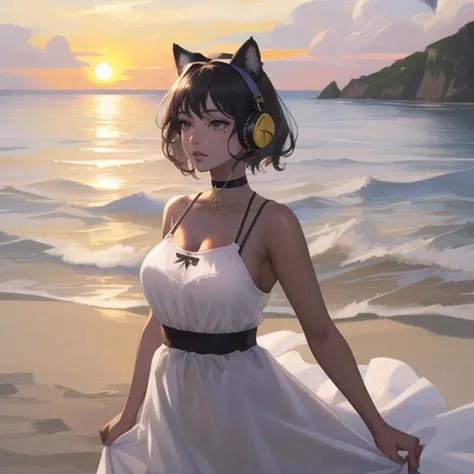 (masterpiece, best quality),(depth) of (field), 1girl, lips, beautiful_lighting, cinematic, elegant, lady, beach, sea, waves, outdoors, sky, sand, hair in the wind, sundress, , adult, black_hair, mole, short_hair, grey_eyes, headphones, choker, fake_cat_ears, breasts, expressionless, female_focus