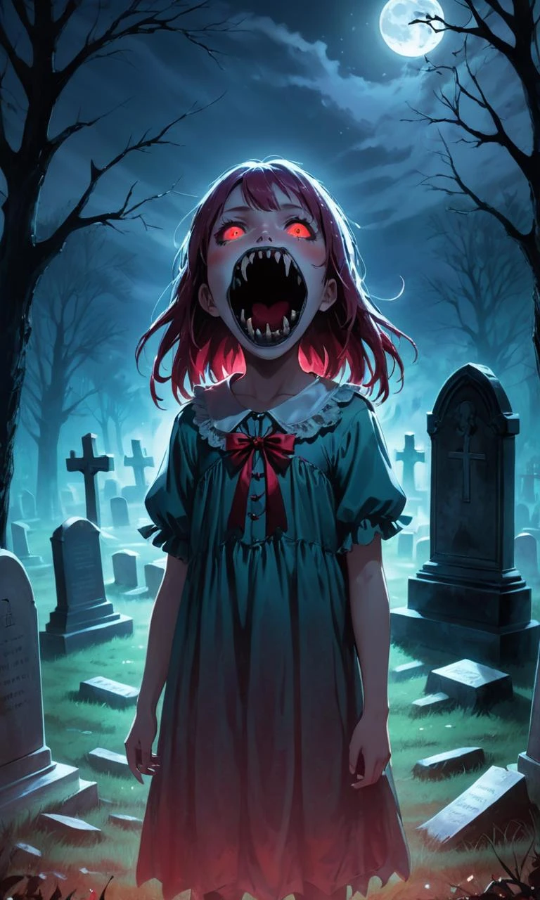 anime artwork 1girl,abyss girl,open mouth,((masterpiece)), ((best quality)), 8k, high detailed, ultra-detailed, illustration, portrait, horror, gothic, (1girl), (sinister:1.2), a young girl with a grotesquely elongated mouth, standing in a dimly lit cemetery, moonlight casting eerie shadows, (ethereal and haunting), glowing red eyes, wisps of spectral mist, (spectral hands:1.1), reaching out from the tombstones, creating a sense of dread, (floating:1.3), surreal and nightmarish, (dark and foreboding), (motion blur), (glitch effect), (vibrance:1.2), (chromatic aberration), (saturated reds), (film grain), (sinister whispers:1.5), (sinister laughter:1.4), A chilling and unsettling atmosphere, capturing the girl's unsettling transformation into a creature of the night,<lora:abyss_girl:0.7>, . anime style, key visual, vibrant, studio anime, highly detailed