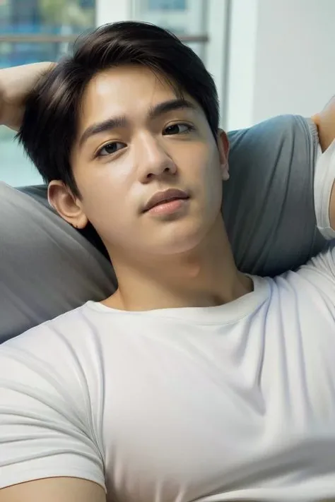 mark reyes, lying down, hunk, face, front upper body, dry fit shirt, muscular (absurdres, highres, ultra detailed) ((masterpiece)), ((best quality:1.1)), High Resolution, 8k,1boy, best quality, masterpiece, (photorealistic:1.4), 4k, high quality, masterpiece, best quality, highres, dynamic poses, realistic, mature male, looking at viewer, <lora:mark-reyes-09 (1):1> <lora:photorealistic02:0.3>