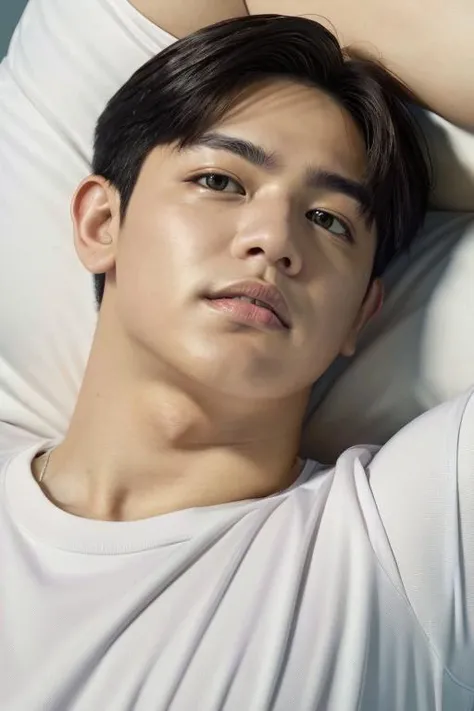 mark reyes, lying down, hunk, face, front upper body, dry fit shirt, muscular (absurdres, highres, ultra detailed) ((masterpiece)), ((best quality:1.1)), High Resolution, 8k,1boy, best quality, masterpiece, (photorealistic:1.4), 4k, high quality, masterpiece, best quality, highres, dynamic poses, realistic, mature male, looking at viewer, <lora:mark-reyes-09 (1):1> <lora:photorealistic02:0.3>