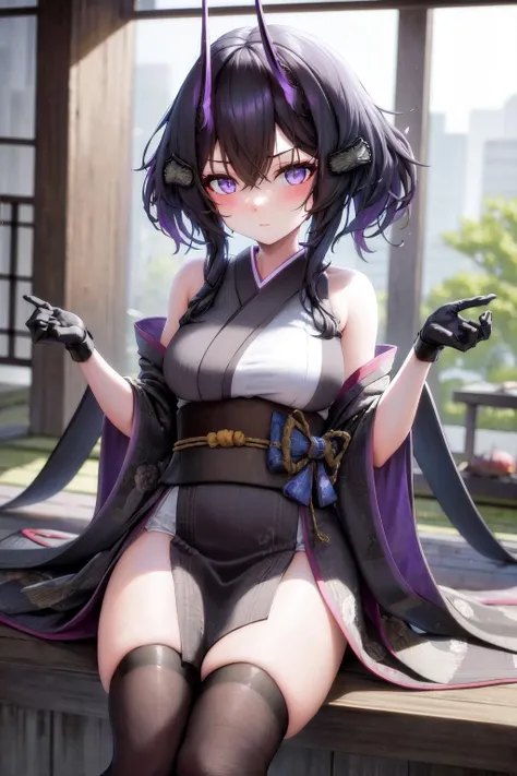 Ultra-realistic 8k CG,masterpiece,((ultra-detailed background, delicate pattern, intricate details)),best quality,very detailed face,extremely detailed eyes and face,extremely detailed eyes,kochou shinobu,multicolored hair,no bangs,hair intakes,purple eyes,forehead,black shirt,black pants,haori,butterfly,buttons,belt,(Garden:1.2),purple flower,chibi,cloudy sky,sunlight,Tindal effect,gradient_sky,face,Gorgeous sky,Waist Sabre,Charming posture,