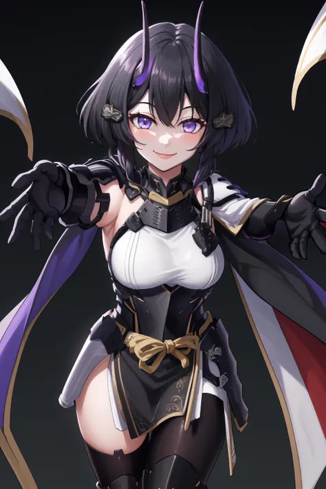 masterpiece, best quality, highres, 1girl horns, shoulder armors black gloves pelvic curtain white cape thigh boots black thighhighs black pantyhose <lora:tsukuyomi:1> outstretched arms, reaching out, smile