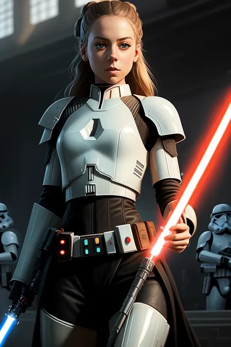 picture of (3sterexposito), a woman as a sexy jedi master, modelshoot style, (extremely detailed CG unity 8k wallpaper), photo of the most beautiful artwork in the world, professional majestic oil painting by Ed Blinkey, Atey Ghailan, Studio Ghibli, by Jeremy Mann, Greg Manchess, Antonio Moro, trending on ArtStation, trending on CGSociety, Intricate, High Detail, (Sharp focus:1.1), dramatic, photorealistic painting art by midjourney and greg rutkowski, (natural light:1.1), (star wars ship interior:1.3), ((stormtroopers in the background)), (looking at viewer), (detailed eyes:1.2), (wielding a lightsaber:1.1), (revealing jedi attire:1.3),  (defiance512:1.2), fight scene, (darth vader in background)