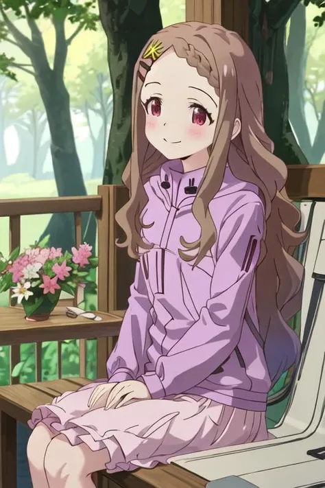 best quality, masterpiece, highres, solo, {aoba_kokona_encouragementofclimb:1.15}, brown_hair, blush, long_hair, hair_ornament, hairclip, braid, braided_bangs, smile, flower, hair_flower, outdoors, red_eyes