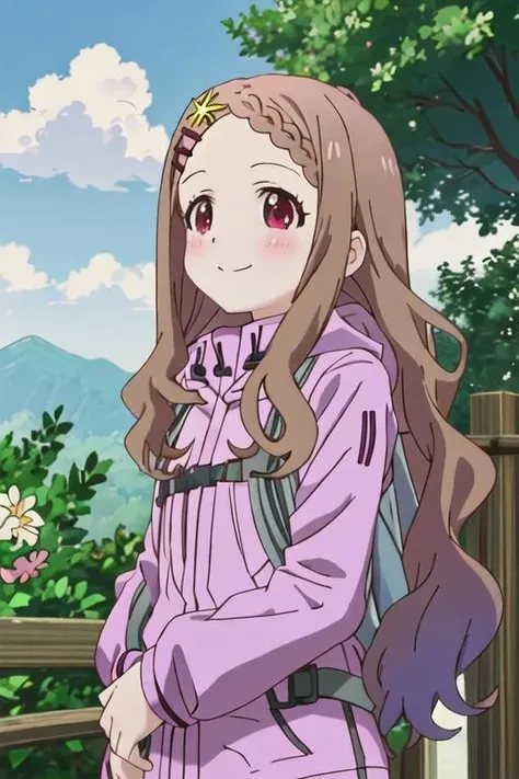 best quality, masterpiece, highres, solo, {aoba_kokona_encouragementofclimb:1.15}, brown_hair, blush, long_hair, hair_ornament, hairclip, braid, braided_bangs, smile, flower, hair_flower, outdoors, red_eyes, 1girl, day, looking_at_viewer, sky, tree, anime_coloring, blue_sky, cloud, parody, upper_body