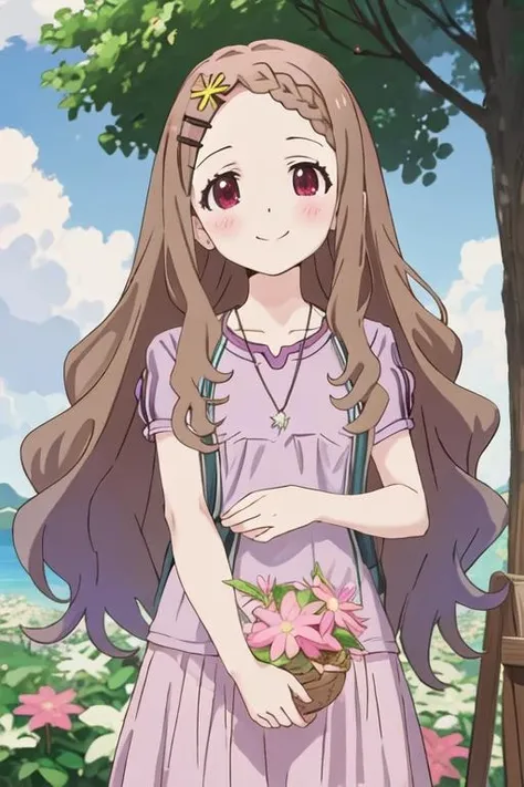 best quality, masterpiece, highres, solo, {aoba_kokona_encouragementofclimb:1.15}, brown_hair, blush, long_hair, hair_ornament, hairclip, braid, braided_bangs, smile, flower, hair_flower, outdoors, red_eyes, 1girl, upper_body, looking_at_viewer, tree, anime_coloring