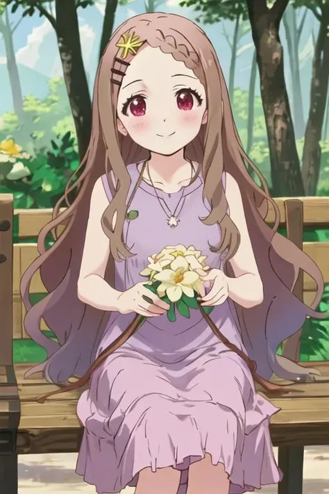 best quality, masterpiece, highres, solo, {aoba_kokona_encouragementofclimb:1.15}, brown_hair, blush, long_hair, hair_ornament, hairclip, braid, braided_bangs, smile, flower, hair_flower, outdoors, red_eyes, 1girl, bare_shoulders, dress, looking_at_viewer