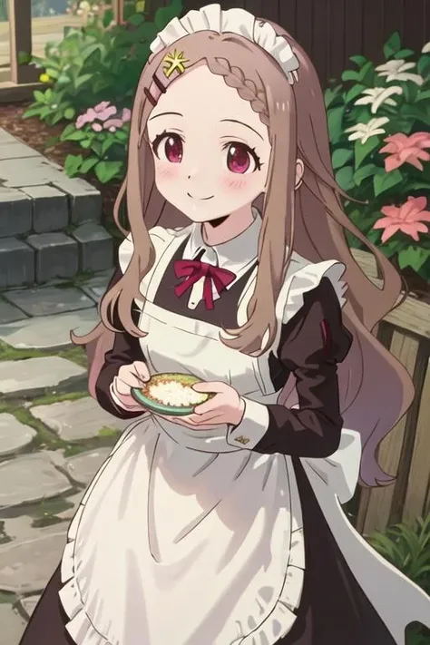 best quality, masterpiece, highres, solo, {maid:1.40}, {long maid dress:1.15}, {aoba_kokona_encouragementofclimb:1.15}, brown_hair, blush, long_hair, hair_ornament, hairclip, braid, braided_bangs, smile, flower, hair_flower, outdoors, red_eyes