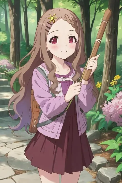 best quality, masterpiece, highres, solo, {aoba_kokona_encouragementofclimb:1.15}, brown_hair, blush, long_hair, hair_ornament, hairclip, braid, braided_bangs, smile, flower, hair_flower, outdoors, red_eyes, 1girl, looking_at_viewer