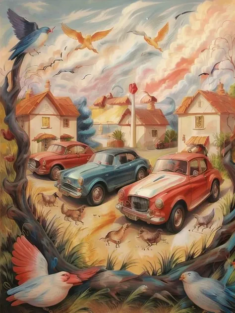 <lyco:optical illusion_v1.1:1> optical illusion, cars, cats, birds, milkshakes, red and blue colors, pattern