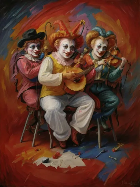<lyco:optical illusion_v1.1:1> optical illusion, music, artist, clowns, primary colors