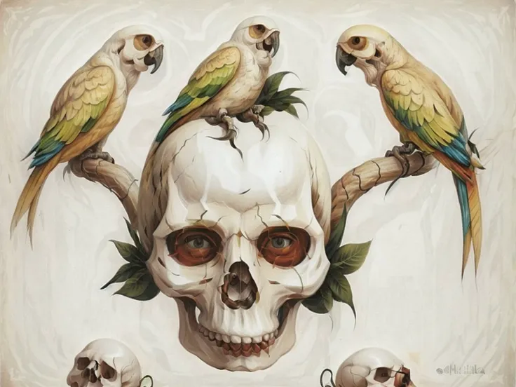 <lyco:optical illusion_v1.1:1> optical illusion, closeup parrot, (white skull background:1.3)