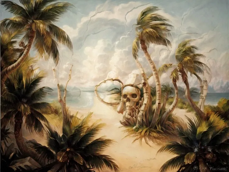 <lyco:optical illusion_v1.1:1> optical illusion, skull, palm trees