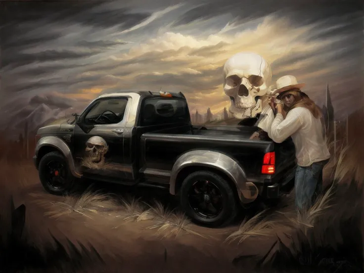 <lyco:optical illusion_v1.1:1> optical illusion, (skull:1.1), pickup truck