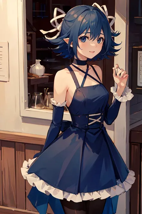 light smile, <lora:RtPL-Serene:1> serene_\(riviera\), short_hair,, ultra detailed, masterpiece, best quality,, hair ribbon, frilled choker, criss-cross halter, sleeveless dress, high-waist skirt, backless dress, waist bow, detached sleeves, frilled sleeves, wide sleeves, pantyhose, patterned legwear, mary janes,