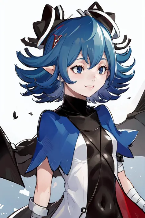 light smile, <lora:RtPL-Serene:1> serene_\(riviera\), blue_capelet, white_coat, black_bodysuit, black_headwear, bandages, short_hair, <lora:yasuda-suzuhito_Fp:1>, ultra detailed, masterpiece, best quality,