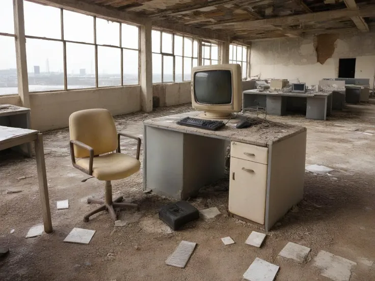 a broken down computer sitting in a huge dilapidated ruined office,<lora:Abandoned:1>