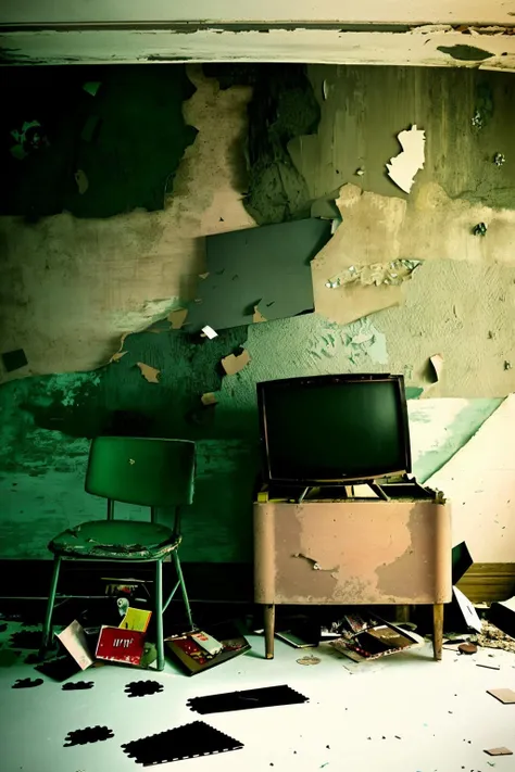 a table and chairs in a room with a tv on the wall and a bunch of debris on the floor, Arie Smit, decay, a jigsaw puzzle, art photography ,  abandoned_style