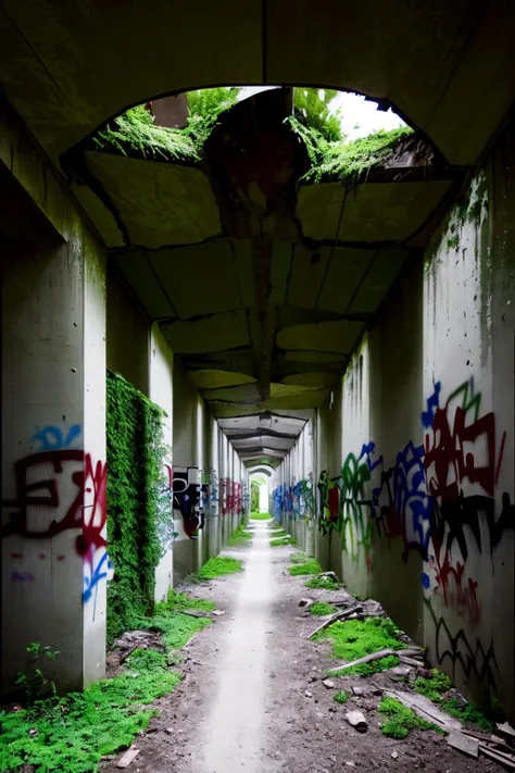 a long tunnel with graffiti on it and trees growing out of it's sides and a walkway leading to the end, Andor Basch, overgrown, a photo, brutalism , abandoned_style