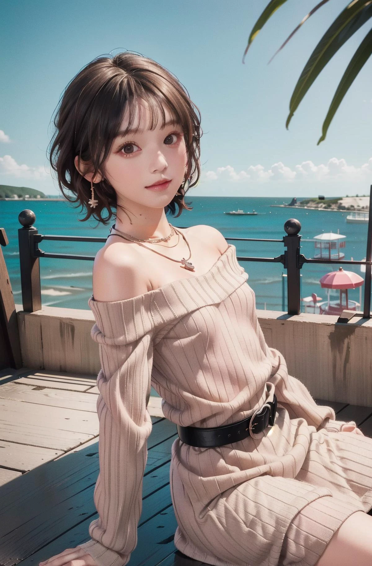 :3, solo, 1girl, black eyes, upper body, looking at viewer, (seaside:1.5), sitting,
(flat chest1.5), (black hair:1), bangs,
brown sweater, off shoulder dress, (ribbed_dress:1.5), (necklace1), (black belt), Thigh leather boots
, pink earrings jewelry, <lora:nakashimayuki_lora-10:0.8>, <lora:Lisachi:0.8>, <lora:newlisa:0.4>