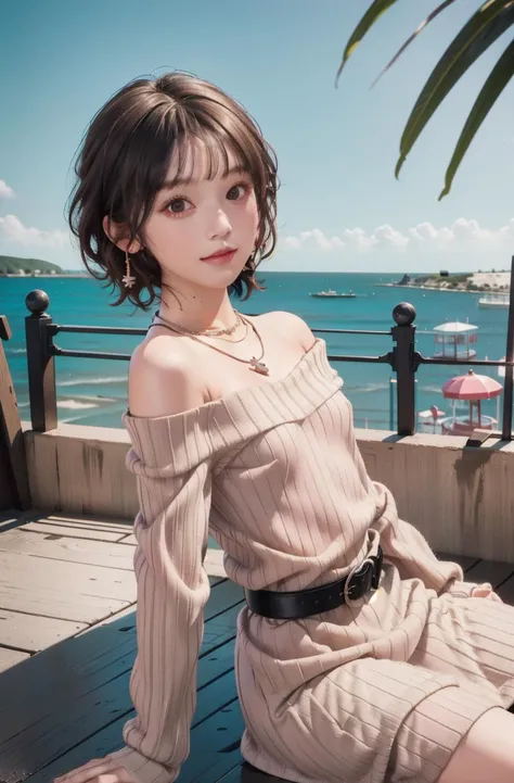 :3, solo, 1girl, black eyes, upper body, looking at viewer, (seaside:1.5), sitting, 
(flat chest1.5), (black hair:1), bangs, 
brown sweater, off shoulder dress, (ribbed_dress:1.5), (necklace1), (black belt), Thigh leather boots
, pink earrings jewelry,   <lora:nakashimayuki_lora-10:0.8>,  <lora:Lisachi:0.8>, <lora:newlisa:0.4>