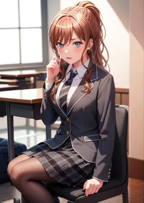 <lora:Lisachi-05:0.9> ,lisachi, ((masterpiece, best quality)),very detailed, simple eyes,medium breasts,sitting,1girl, grey_necktie, brown_hair, haneoka_school_uniform, earrings, full_body, grey jacket, jewelry,ponytail, (((long_hair))), looking_at_viewer, necktie, plaid, plaid_skirt, grey_pleated_skirt, school_uniform, grey_skirt, <lora:newlisa:0.3>
