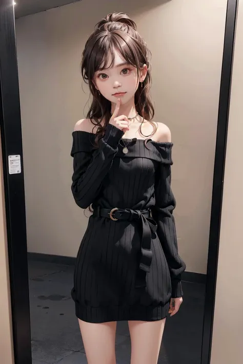 (photo studio:1.5), (simple background:1.5)
(black hair:1.2), round face
<lora:Lisachi:0.75>, 1girl, (long hair:1.5), <lora:newlisa:0.3>, 
brown sweater, off shoulder dress, (ribbed_dress:1.5), necklace, black belt
pink earrings jewelry, wavy hair
Looking at viewer, (:3:1.5), flat chest
ponytail, indoors, standing, hand on hip,black thigh high boots, bare legs, <lora:nakashimayuki_lora:1>, bite lip, yokozuwari