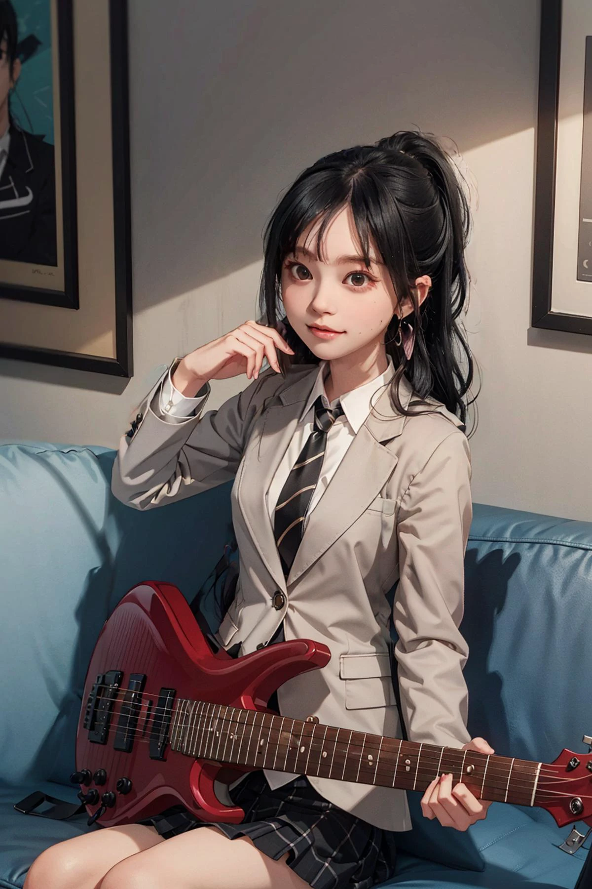 indoors, Sitting on the sofa, living room
(masterpiece), (best quality)
bare legs, (black_hair:1.5), black eyes,
haneoka_school_uniform, necktie, PINK earrings, grey uniform jacket, jewelry, grey necktie, plaid, plaid_skirt,brown pleated_skirt
closed mouth,looking at viewer, (:3:1), sitting, (flat chest:1),ponytail, long hair,
Lips slightly open, parted lips, (bangs:1.5)
<lora:nakashimayuki_lora:1>, <lora:Lisachi:1> lisachi <lora:newlisa:1>
