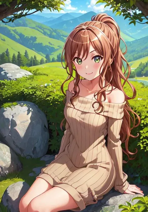 1girl, solo, upper body, arms support, sitting,
looking at viewer,
lisa imai,brown hair,smile ,sweater,thigh, off shoulder dress, (ribbed_dress:1.5), long hair, wavy hair, wide ponytail, :3
smile,
outdoors, nature, deep forest, green grass, plants, flowers, trees, cloudy sky, rocks, <lora:Lisachi-05:0.8> <lora:newlisa:0.3>