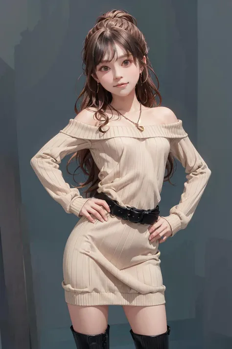 (simple background:1.5)
(black hair:1.2), round face
<lora:Lisachi:0.75> , <lora:newlisa:0.35>
brown sweater, off shoulder dress, (ribbed_dress:1.5), necklace, black belt
pink earrings jewelry, wavy hair
Looking at viewer, (:3:1.5), flat chest
ponytail, indoors, standing, hand on hip,black thigh high boots, bare legs,  <lora:nakashimayuki_lora:1.25>, bite lip