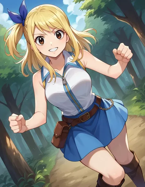 score_9, score_8_up, score_7_up, source_anime,
lucyheartfilia, <lora:lucy-heartfilia-ponyxl-lora-nochekaiser:1>,
lucy heartfilia, blonde hair, brown eyes, one side up, ribbon, hair ribbon, blue ribbon, long hair, smile,
skirt, shirt, bare shoulders, boots, sleeveless, blue skirt, sleeveless shirt, white shirt, zipper,
outdoors, forest, nature,
looking at viewer, cowboy shot, dutch angle, dynamic pose,