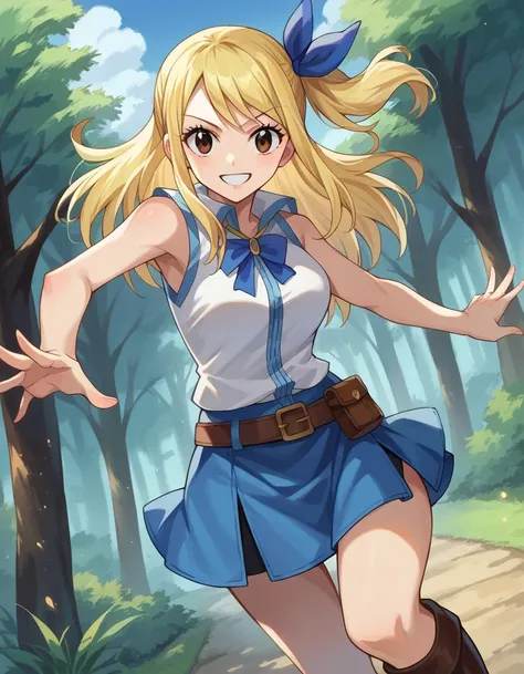 score_9, score_8_up, score_7_up, source_anime,
lucyheartfilia, <lora:lucy-heartfilia-ponyxl-lora-nochekaiser:1>,
lucy heartfilia, blonde hair, brown eyes, one side up, ribbon, hair ribbon, blue ribbon, long hair, smile,
skirt, shirt, bare shoulders, boots, sleeveless, blue skirt, sleeveless shirt, white shirt, zipper,
outdoors, forest, nature,
looking at viewer, cowboy shot, dutch angle, dynamic pose,