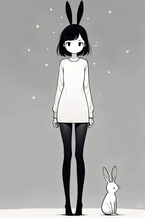 <lora:xh_20231013152204:0.9>,xh,1girl,monochrome,greyscale,white background,arms at sides,dress,looking at viewer,long sleeves,standing,simple background,rabbit,bangs,parted bangs,closed mouth,short hair,full body,solo,animal,pantyhose,swept bangs,whiskers,straight-on,snowing,expressionless,