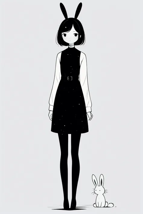 <lora:xh_20231013152204:0.9>,xh,1girl,monochrome,greyscale,white background,arms at sides,dress,looking at viewer,long sleeves,standing,simple background,rabbit,bangs,parted bangs,closed mouth,short hair,full body,solo,animal,pantyhose,swept bangs,whiskers,straight-on,snowing,expressionless,