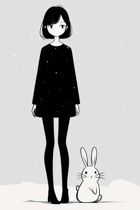 <lora:xh_20231013152204:0.9>,xh,1girl,monochrome,greyscale,white background,arms at sides,dress,looking at viewer,long sleeves,standing,simple background,rabbit,bangs,parted bangs,closed mouth,short hair,full body,solo,animal,pantyhose,swept bangs,whiskers,straight-on,snowing,expressionless,