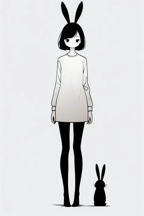 <lora:xh_20231013152204:0.9>,xh,1girl,monochrome,greyscale,white background,arms at sides,dress,looking at viewer,long sleeves,standing,simple background,rabbit,bangs,parted bangs,closed mouth,short hair,full body,solo,animal,pantyhose,swept bangs,whiskers,straight-on,snowing,expressionless,