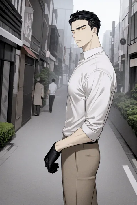 masterpiece, best quality, 1boy, brandon, black hair, short hair, yellow eyes, black gloves, pants, shirt, looking at viewer, solo, street, buildings, tokyo street background <lora:BrandonLee:1>