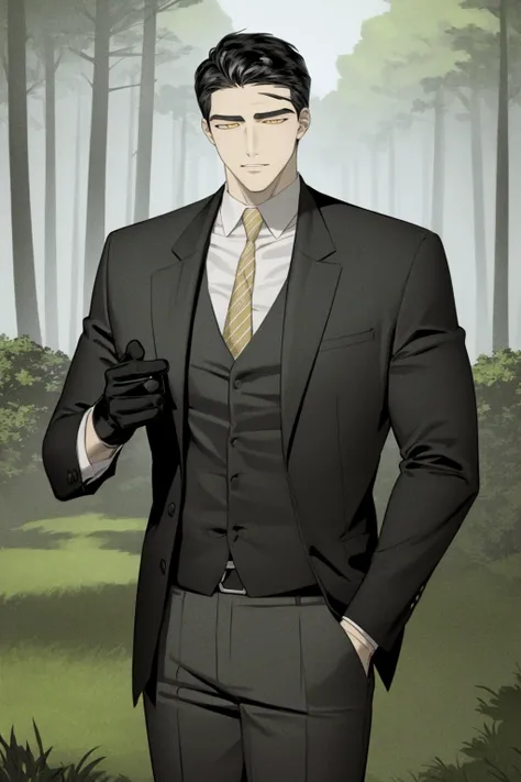 masterpiece, best quality, 1boy, brandon, black hair, short hair, yellow eyes, black gloves, suit, black pants, white shirt, necktie, formal, looking at viewer, solo, trees, green grass, park background <lora:BrandonLee:1>