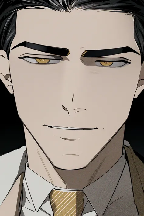 masterpiece, best quality, 1boy, brandon, black hair, short hair, yellow eyes, suit, necktie, white shirt, looking at viewer, closeup, simple background <lora:BrandonLee:1>