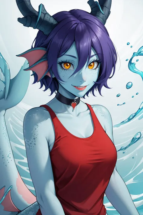 masterpiece, best quality, mayte, monster girl, horns, head fins, slit pupils, yellow sclera, scales, tail, choker, red tank top, upper body, undersea, looking at viewer, smile <lora:mayte-nvwls-v1-000012:0.9>